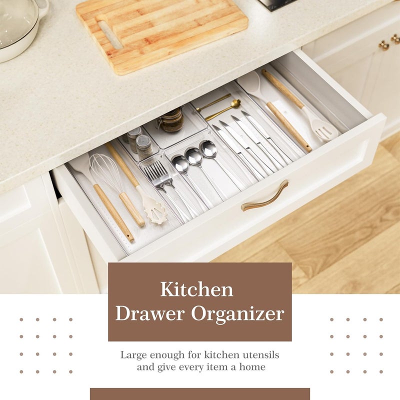 Criusia Clear Drawer Organizer 7 PCS - 5 Size Plastic Versatile Kitchen and Bathroom Organizer Trays, Non-Slip Storage Bins for Makeup, Utensils, Tool and Office Desk - Image 3